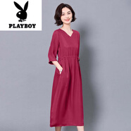 花花公子（PLAYBOY）v領(lǐng)重磅真銅氨絲夏季媽媽裝收腰連衣裙過(guò)膝七分袖短袖大擺長(zhǎng)裙 酒紅色-七分袖 M