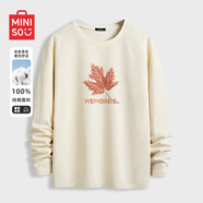 名創(chuàng  )優(yōu)品（MINISO）純棉長(cháng)袖T恤男港風(fēng)打底衫胖男生寬松大碼秋衣春秋款百搭氣質(zhì)體恤 淺米(回憶楓中標) L 175(體重120-140斤左右)