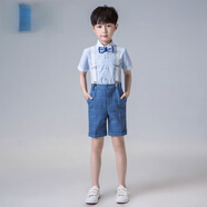 G.duck帥氣男童禮服夏小西裝套裝男孩主持人走秀演出服英倫兒童花童正裝 藍星點(diǎn)襯衫+藍格短褲+背帶+領(lǐng)結 130適合身高120-130cm (7-8歲)
