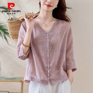 皮爾卡丹（PIERRE CARDIN）文藝苧麻襯衫夏季復古新款外套簡(jiǎn)約氣質(zhì)薄款棉麻韓版寬松上衣 紫色 S 建議85-95斤