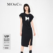 MO&Co.印花小飛袖高腰捏褶不規則開(kāi)叉小眾氣質(zhì)連衣裙女摩安珂 黑色-第2批 S 160