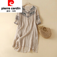 皮爾卡丹（pierre cardin）寬松休閑刺繡棉麻連衣裙女士2025新款媽m媽夏裝洋氣高端亞麻長裙 杏色連衣裙/高端連衣裙/洋氣減齡 M (建議90-115斤)