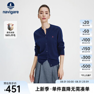 Navigare意大利小帆船毛衣外套女士秋冬款純羊毛圓領(lǐng)羊毛衫氣質(zhì)針織開衫 藏青 S