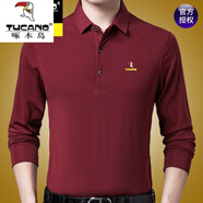 啄木鳥品牌純棉長(zhǎng)袖T恤男春秋款純色中老年P(guān)OLO打底衫秋冬加絨體恤上衣 P18紅色 L 170建議120-135斤