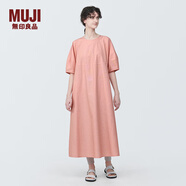 無印良品（MUJI）女式 涼感平紋套頭短袖連衣裙 女裝裙子長裙純棉寬松涼感物語夏季 橙色條紋 L (165/88A)