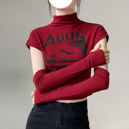 衣然呈品重磅長袖T恤女士秋季新款美式高街潮牌修身半高領(lǐng)半套手套上衣女 酒紅色配手套 M 【建議90-105斤】