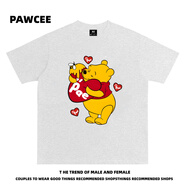 漫曦宛PAWCEE美式覆古國潮卡通小熊維尼短袖T恤男女同款寬松百搭情侶上 3XL(180-210斤)白灰色 (280克重 XL