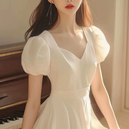 羅蒙法式赫本連衣裙女顯瘦氣質(zhì)夏季2025年新款白色泡泡領(lǐng)收腰連衣裙子 米白色(高品質(zhì)有內襯有拉鏈) S 95斤內