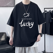 格斯嵐帝純棉短袖t恤男士夏季薄款寬松潮流體恤潮牌ins男生夏天半袖上衣服 黑色 T11 S （80-90斤）