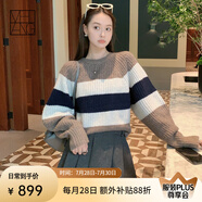 美洋（MEIYANG）巧克力派針織衫羊絨羊毛粗棒坑條圓領撞色短款毛衣時尚百搭毛衣女 咖藍條 S