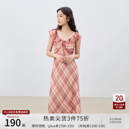 自巧小個(gè)子紅色雪紡格紋連衣裙女2025夏裝新款掐腰裙度假風(fēng)長(cháng)裙子 紅白格 M （尺碼：4）