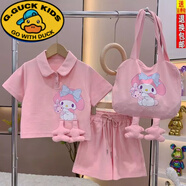 G.DUCKKIDS純棉女童套裝夏季2025新款洋氣兒童polo領(lǐng)女寶中大童短袖兩件套裝 粉色美樂蒂套裝 150