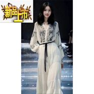 初徑海邊度假新款超好看白色長(cháng)袖連衣裙女裝春秋季沙灘長(cháng)裙子 白色連衣裙   S