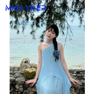 MISS YINER多巴胺海島沙灘裙單肩連衣裙海邊度假穿搭套裝藍(lán)色仙女裙兩件套 藍(lán)色 斜領(lǐng)有珍珠 M