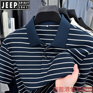JEEP SPIRIT重磅高克重polo衫男短袖夏季男裝寬松黑白條紋翻領t恤半袖上衣服 藏青 1296 M 100-120斤