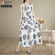 啄木鳥(niǎo)棉綢連衣裙夏季新款大碼寬松沙灘無(wú)袖媽媽長(cháng)裙度假背心裙子顯瘦 7# 3XL 建議140-160斤