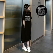 FHHUABD純棉韓版夏裝長裙子慵懶風(fēng)大碼寬松遮肚新款中長款短袖t恤 APP-黑色 M