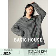 百家好（Basic House）Basic House/百家好不規(guī)則斜邊紐扣毛衣女秋冬中長款加厚開衫上衣 鋼鐵灰 XL