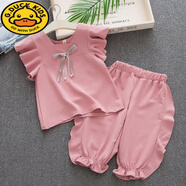 G.DUCKKIDS女童夏季套裝2025新款女寶寶衣服韓版T恤短褲中小童飛袖兩件套 蝴蝶結(jié)雪紡套裝粉色 110 y（100 建議2-3歲）