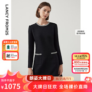 朗姿【尖貨補(bǔ)單】法式氣質(zhì)名媛小香風(fēng)長(zhǎng)袖高腰通勤女冬季新款連衣裙女 黑色3 XL