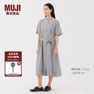 無印良品（MUJI）女式 涼感 短袖襯衫連衣裙女裝裙子純棉25年夏季長裙涼感物語 灰色條紋 M (160/84A)