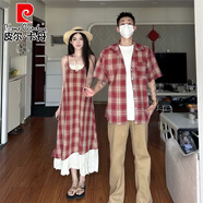 皮爾卡丹（pierre cardin）情侶裝假兩件拼接紅格紋度假吊帶裙女夏2025新款寬松小個(gè)子連衣裙 男生 M