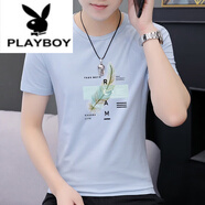花花公子（PLAYBOY）透氣排汗男士圓領(lǐng)短袖t恤潮流修身半袖冰絲上衣服男裝體恤水洗 S2531淺藍(lán) M
