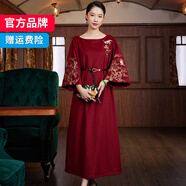 璽玥2025秋冬新款中國(guó)風(fēng)刺繡羊毛呢子改良新中式連衣裙原創(chuàng)國(guó)潮裙子 酒紅色 L （體重115~130）