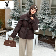 花花公子羽絨服女冬季時(shí)尚加厚保暖假兩件拼接大翻領(lǐng)收腰顯瘦90白鴨絨外套 咖色 XL 建議125-140斤