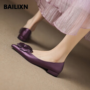 百麗香奈（BAILIXIANGNAI）魅紫女士輕奢女鞋韓版花朵尖頭低跟單鞋絲綢羊皮一腳蹬平底鞋 紫色 37