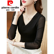 皮爾卡丹時(shí)尚簡(jiǎn)約網(wǎng)紗v領(lǐng)打底衫春秋2025新款長(cháng)袖修身洋氣蕾絲上衣女顯瘦 黑色 2XL (120-130斤)