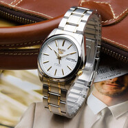 精工（SEIKO）男士腕表  SIEKO5號系列商務(wù)休閑夜光雙日歷黑盤(pán)鋼帶自動(dòng)機械手表 白盤(pán)間金鋼帶 SNKL47J1 非夜光