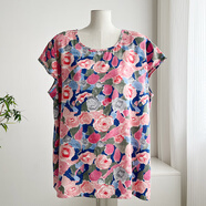 棉綢上衣女加大碼寬松單件套頭短袖薄款微胖mm人造棉家居服t恤衫 玫紅油畫(huà)GFI 7XL 145-185斤