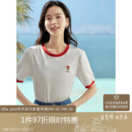 茵曼涼感撞色繡花女裝正肩短袖t恤2025夏季新品打底衫上衣 珍珠白1 M