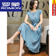 羅蒙（ROMON）真絲連衣裙夏修身顯瘦短袖a字裙通勤氣質(zhì)中長裙媽媽裙子女 天藍(lán)色 M