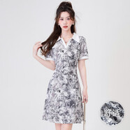 班尼路班尼路polo領(lǐng)碎花連衣裙夏季收腰顯瘦舒適短裙優(yōu)雅氣質(zhì)A字裙女士J 深花灰 L