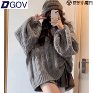 DGOV加厚版韓國V領(lǐng)麻花燈籠袖套頭毛衣女春秋新款慵懶寬松針織上衣 灰色【版】 S （80-95斤）