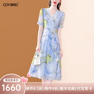 歐迪鳥高檔連衣裙女夏季2025新款氣質(zhì)V領(lǐng)荷葉邊印花雪紡中長裙 藍(lán)色 S