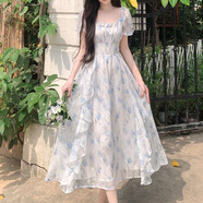 羅蒙（ROMON）大碼法式溫柔仙女碎花方領(lǐng)連衣裙女夏季胖m妹收腰顯瘦氣質(zhì)優(yōu)雅 藍色 M 80-100斤