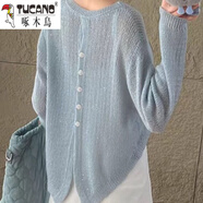 啄木鳥(niǎo)（TUCANO）長(cháng)袖針織衫女2025新款薄款后背紐扣設計洋氣罩衫上衣毛衣女鏤空 淺藍色 M 95-105