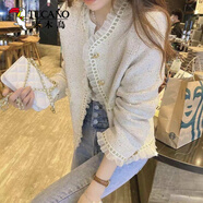 啄木鳥名媛風(fēng)氣質(zhì)小香風(fēng)短款外套女2025春秋季復(fù)古網(wǎng)紗拼接粗花呢上衣潮 杏色夾棉里布 S _80-95斤
