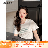 lagogo白色字母印花T恤女拉谷谷2025春季新款設計感亮片短袖上衣 本白色 M