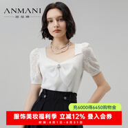 卓雅周末（JORYA weekend）ANMANI恩曼琳24夏季新款蝴蝶結(jié)胸針方領(lǐng)蕾絲拼接針織衫EA 白色 S