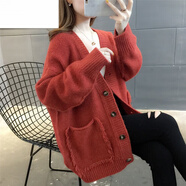 恒源祥羊·毛慵懶風流蘇毛衣外套女25秋冬新款韓版寬松單排扣針織開衫女 桔紅色. M 建議95-110斤左右.