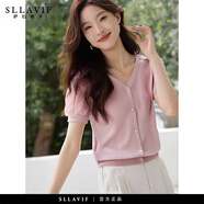 薩拉維夫短袖T恤女2025夏季新款小香風(fēng)氣質(zhì)V領(lǐng)冰絲針織衫內搭薄款中袖上衣 粉色 均碼 XL