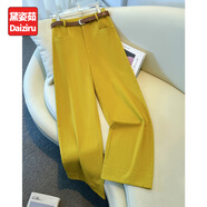 黛姿茹天絲棉闊腿休閑褲女夏季薄款2025新款高腰小個(gè)子九分窄版直筒褲 黃色/長褲 -送腰帶-褲長95CM起 2XL (30) 【推薦125-135斤】