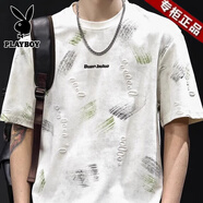 花花公子（PLAYBOY）重磅提花破洞潮牌短袖t恤男士夏季2025新款大碼高端衣服上衣體恤 白色 XL 【合適140-160斤】
