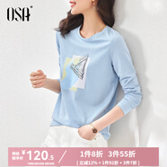 歐莎（OSA）白色印花長(zhǎng)袖t恤女衣服23年新款打底衫時(shí)尚內(nèi)搭體恤上衣 藍(lán)色 XS