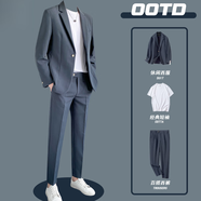 羅蒙（ROMON）休閑西裝套裝男夏季寬松正裝高級感韓版結(jié)婚禮服垂感潮流西服外套 灰藍色【三件套】西服+褲子+T恤 175/L