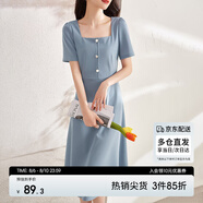 尚都比拉短袖連衣裙女夏季復(fù)古赫本風(fēng)氣質(zhì)通勤裙子中長款A(yù)字裙 灰藍(lán)色 S